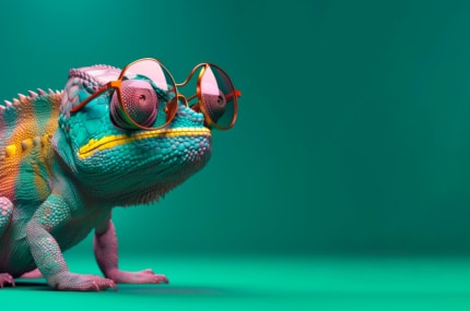 Kleurrijke kameleon met ronde bril op een groene achtergrond, symbool voor aanpassingsvermogen.