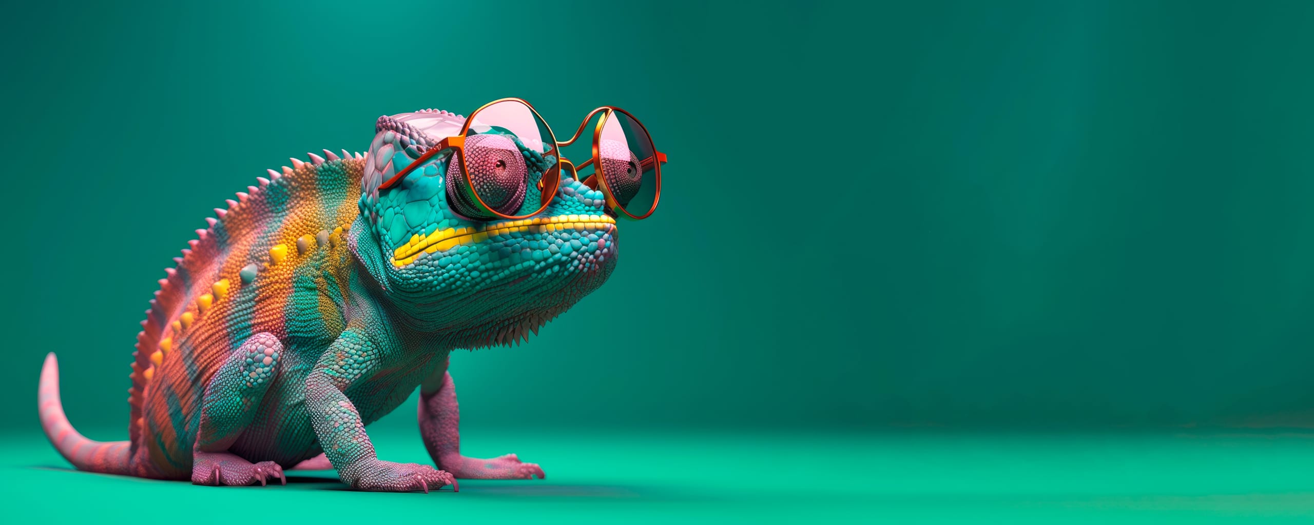 Kleurrijke kameleon met ronde bril op een groene achtergrond, symbool voor aanpassingsvermogen.