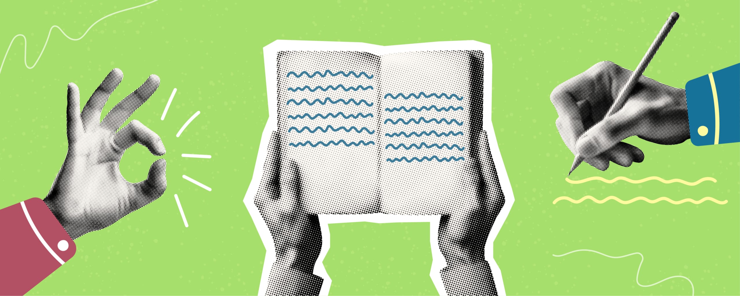 Illustratie van een hand die een ‘ok’-gebaar maakt naast een open boek op een groene achtergrond.