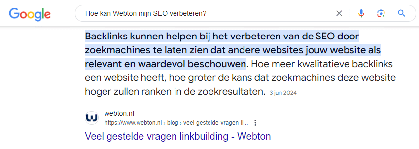 Google-zoekresultaat met een uitgelichte tekst over backlinks en SEO van webton.nl.