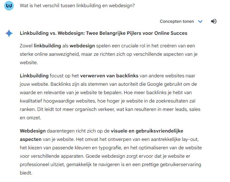 Tekstuele uitleg over het verschil tussen linkbuilding en webdesign, met nadruk op backlinks en gebruiksvriendelijkheid.