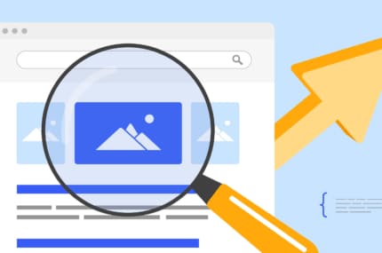 Illustratie van een website met vergrootglas dat een afbeelding uitlicht, symbool voor optimalisatie of analyse.