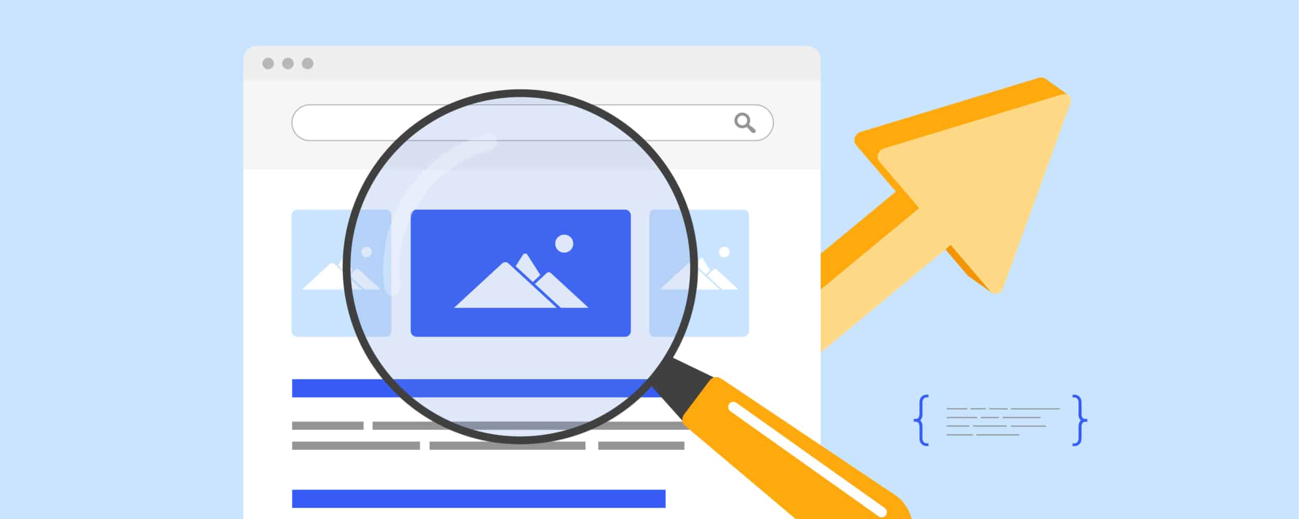 Illustratie van een website met vergrootglas dat een afbeelding uitlicht, symbool voor optimalisatie of analyse.