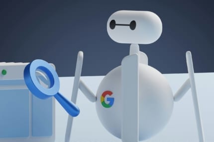 Minimalistische 3D-illustratie van een robot met een Google-logo op zijn borst die naast een browservenster staat met een vergrootglas.