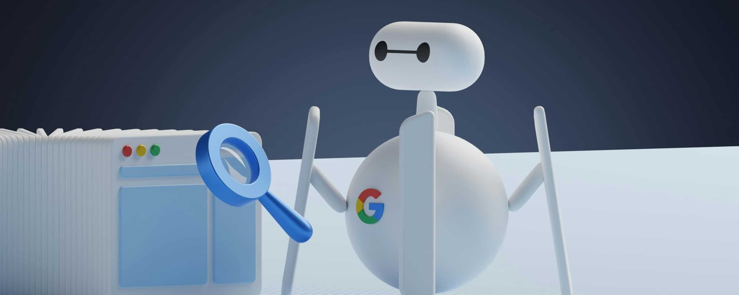 Minimalistische 3D-illustratie van een robot met een Google-logo op zijn borst die naast een browservenster staat met een vergrootglas.