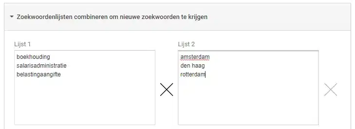 Interface waarin twee zoekwoordlijsten worden gecombineerd om nieuwe zoekwoorden te genereren.