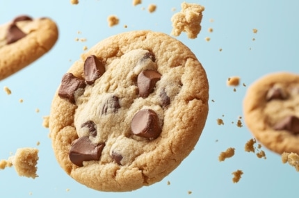 Twee chocoladekoekjes met stukjes chocolade en kruimels op een lichtblauwe achtergrond.