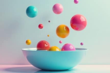 Kleurrijke zwevende bollen boven een schaal, abstracte 3D-illustratie op pastelachtergrond.