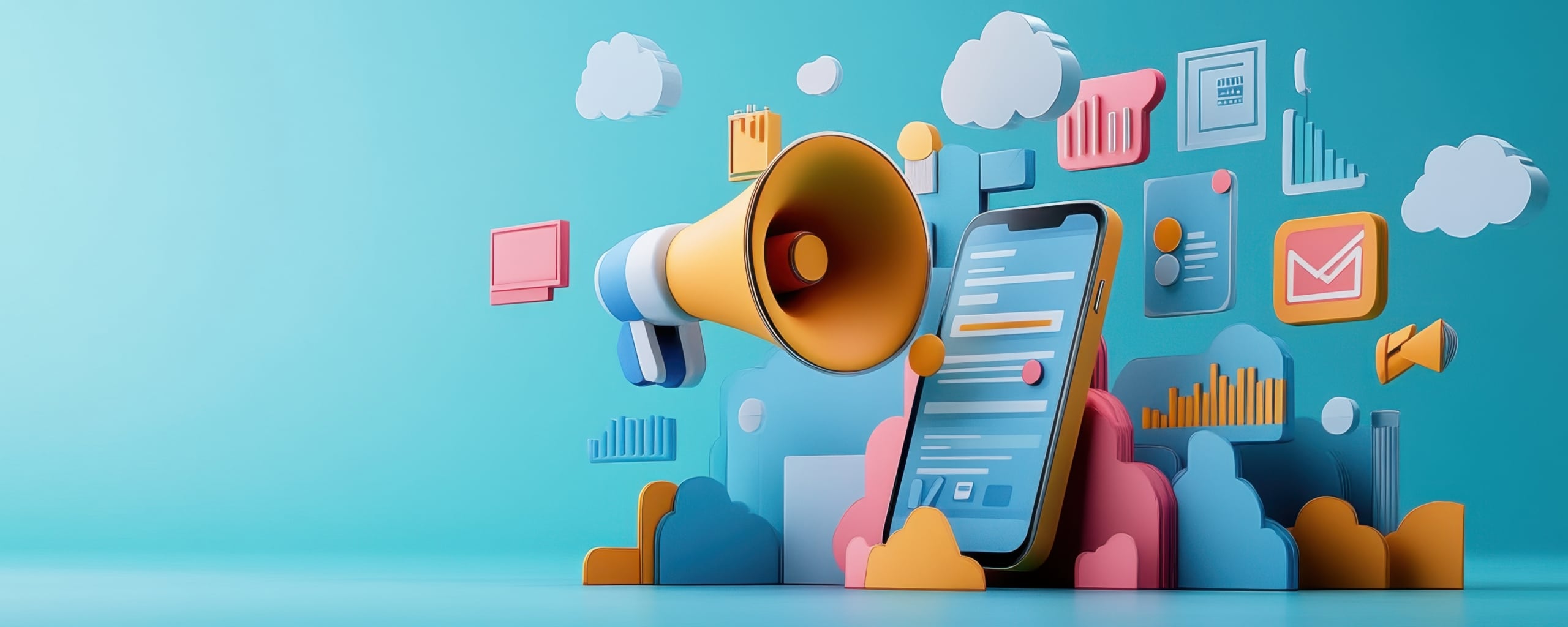 Illustratie van een smartphone met een megafoon en marketingiconen eromheen, die online promotie en social media symboliseren.