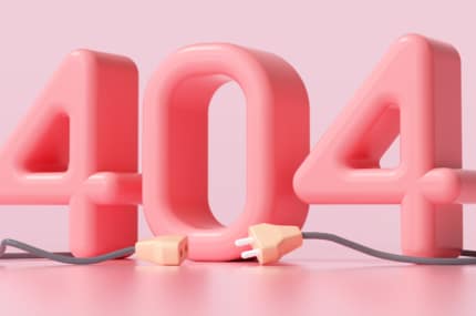 Roze 3D ‘404’-melding met een losliggende stekker ervoor, symbool voor een niet-gevonden pagina.