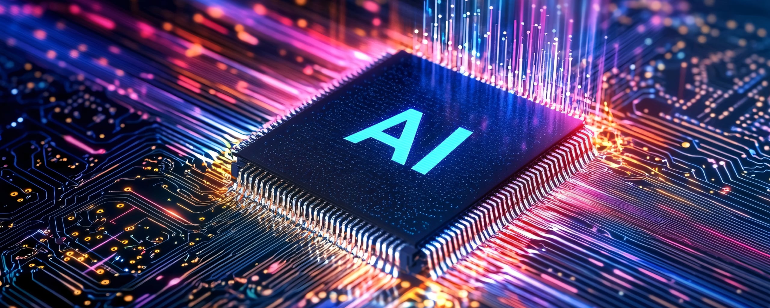 Close-up van een AI-chip op een moederbord met kleurrijke lichtsporen die data en technologie symboliseren.