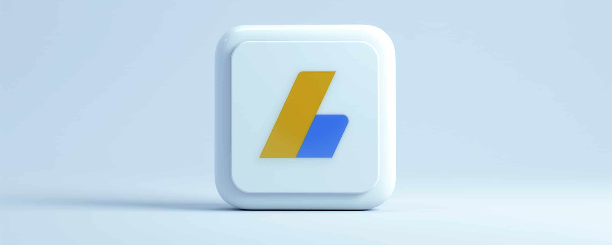 3D-icoon met het Google AdSense-logo op een lichtblauwe achtergrond.