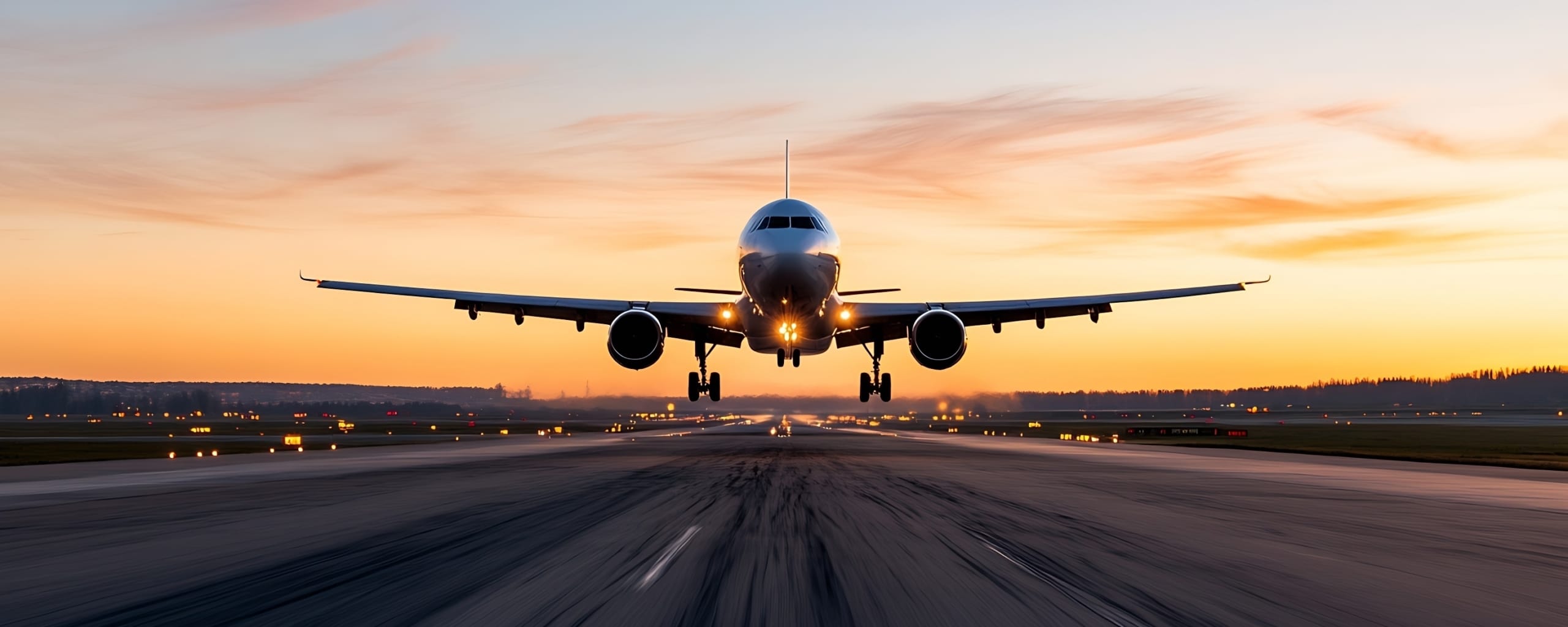 Passagiersvliegtuig stijgt op of landt op een verlichte landingsbaan tijdens zonsondergang.