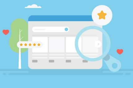 Illustratie van een website met vergrootglas en sterrenbeoordeling, symbool voor online reviews en zichtbaarheid.