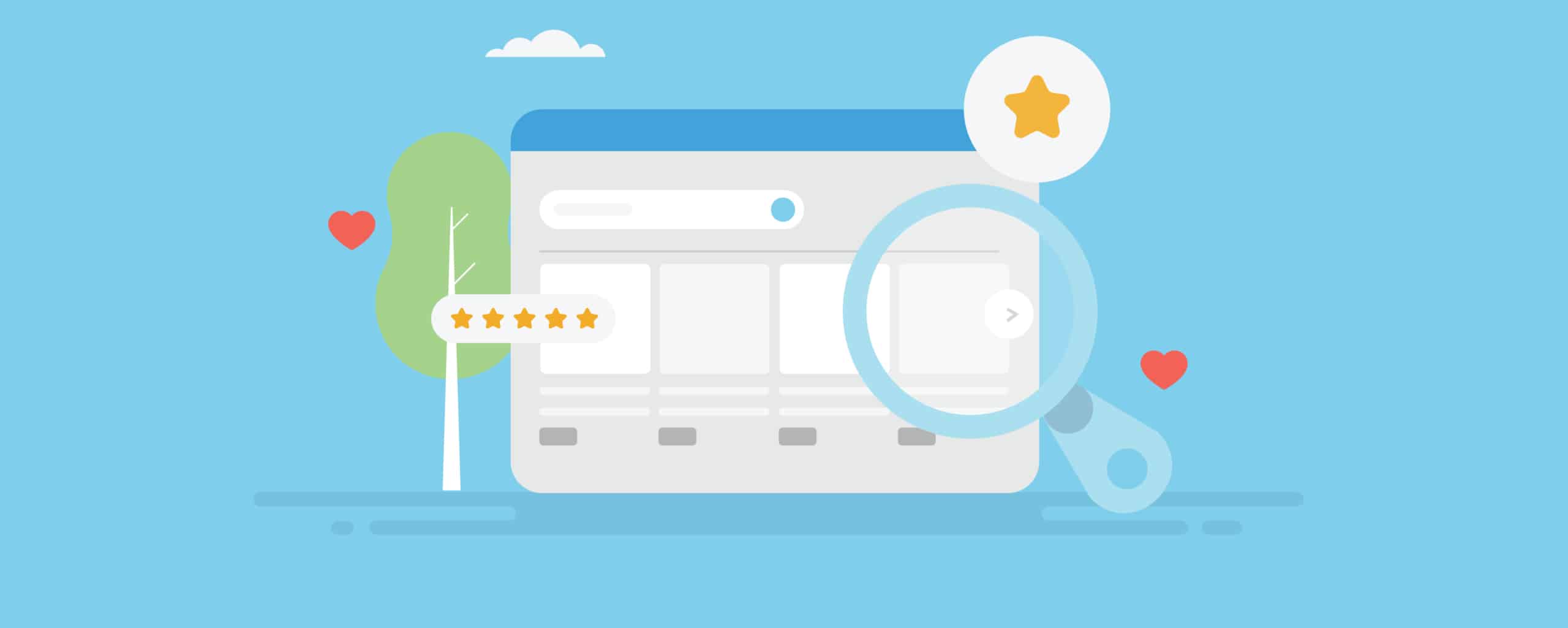 Illustratie van een website met vergrootglas en sterrenbeoordeling, symbool voor online reviews en zichtbaarheid.