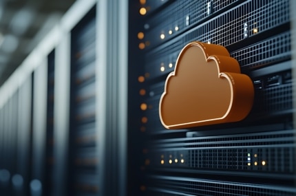 Serverruimte met rijen racks en een opvallend oranje cloud-icoon dat cloudopslag symboliseert.