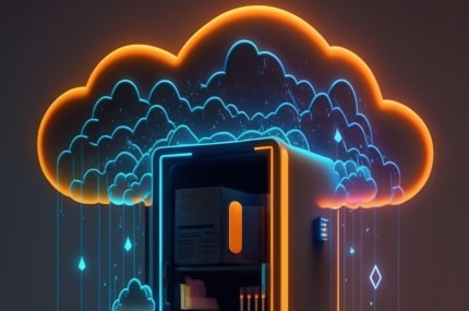 Neonillustratie van een serverkast onder een gloeiende cloud, symbool voor cloudopslag of hosting.