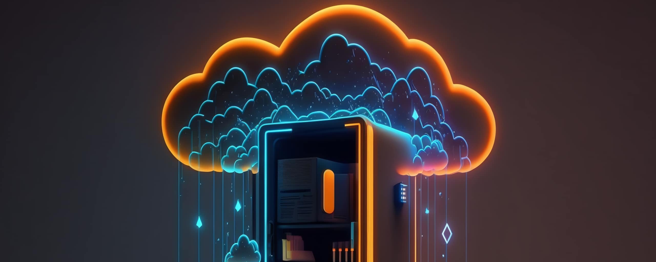 Neonillustratie van een serverkast onder een gloeiende cloud, symbool voor cloudopslag of hosting.