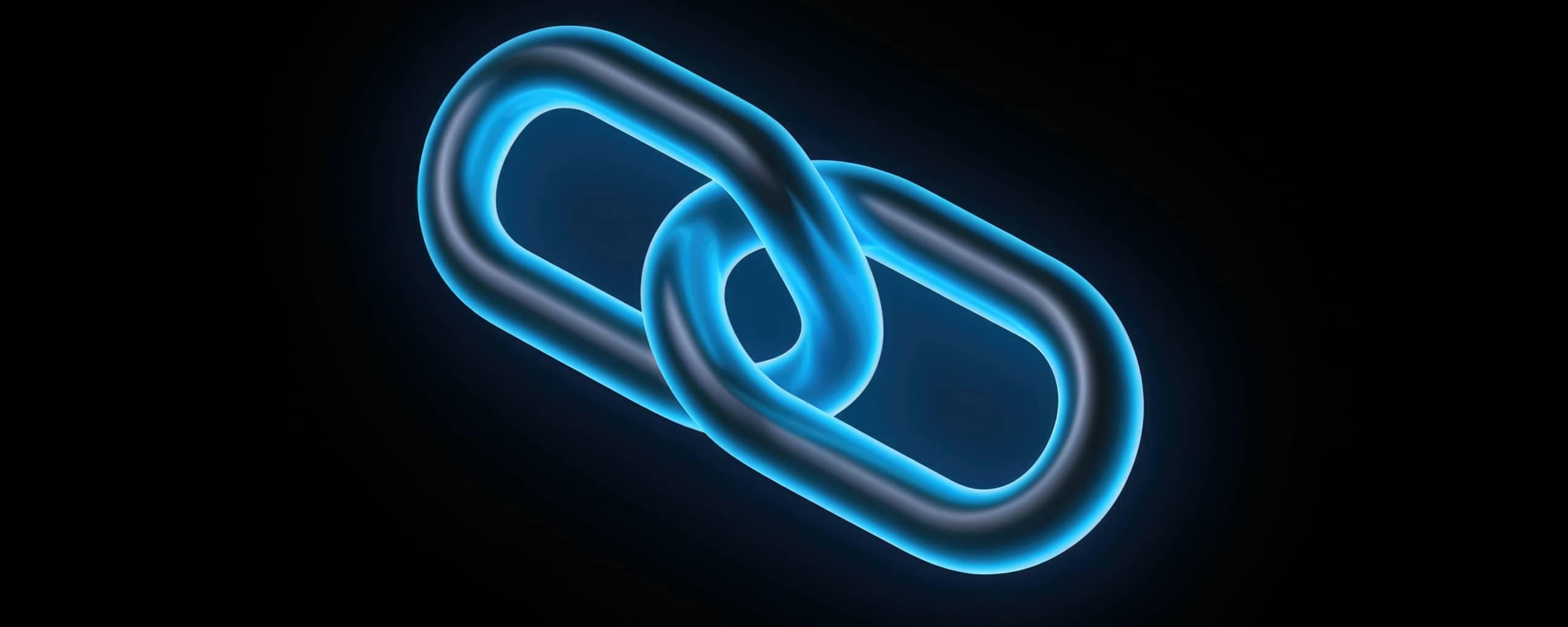 Gestileerde, gloeiende blauwe kettingschakel tegen een donkere achtergrond, symbool voor verbinding of linkbuilding.