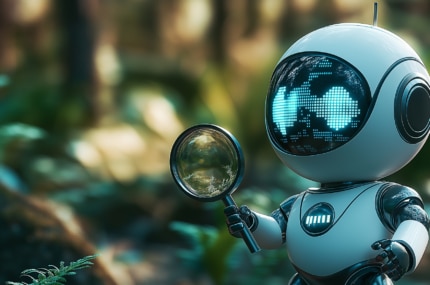 Futuristische robot met een digitaal scherm als gezicht die een vergrootglas vasthoudt in een natuurlijke omgeving.