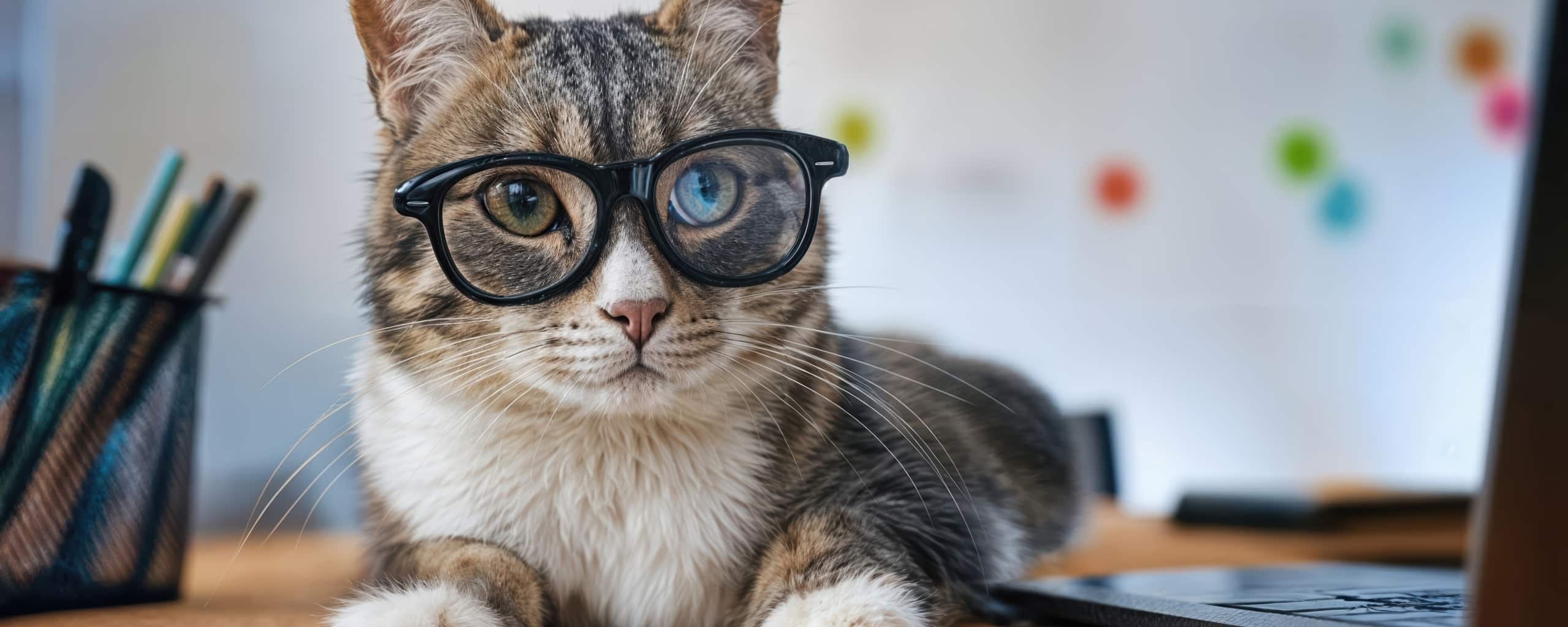 Kat met bril kijkt recht in de camera, zittend op een bureau met potloden op de achtergrond.
