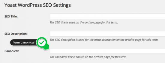 Yoast WordPress SEO-instellingen met veld voor canonical URL gemarkeerd.