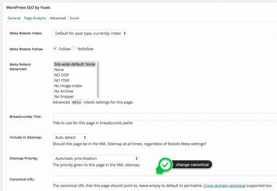Instellingenpagina van WordPress SEO by Yoast met geavanceerde meta robots-opties.