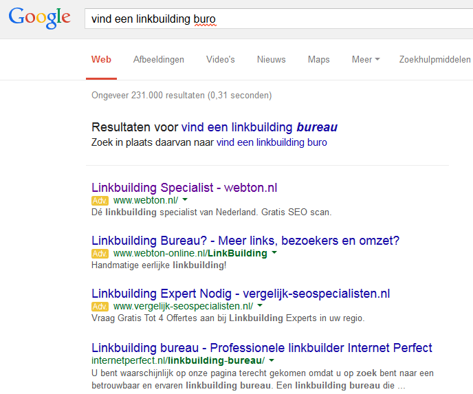 Google-zoekresultatenpagina voor de zoekterm ‘vind een linkbuilding bureau’ met meerdere advertenties en organische resultaten.
