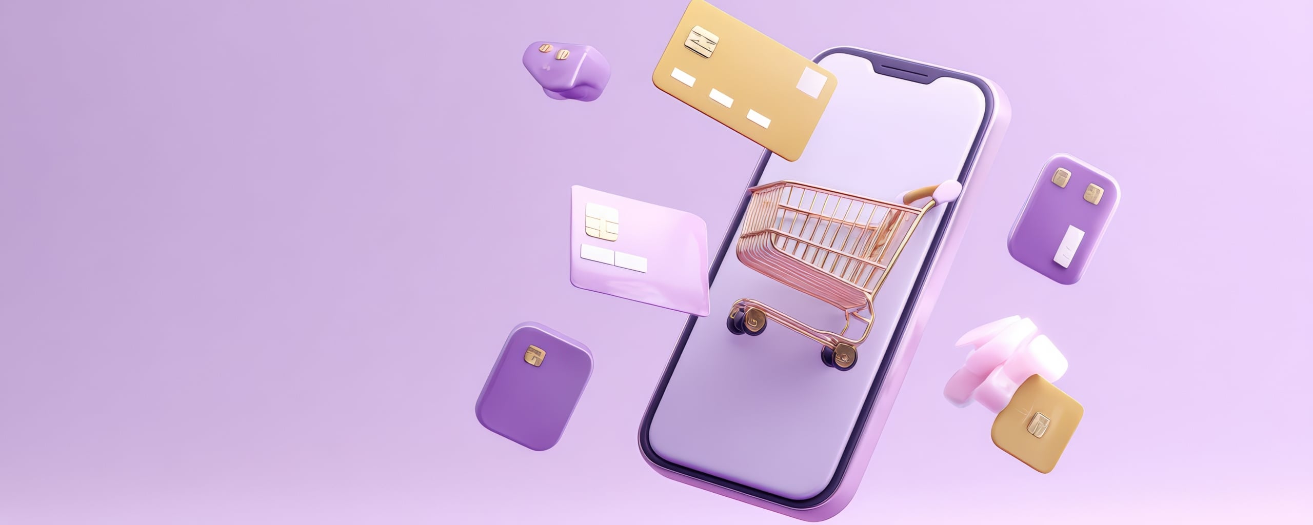 3D-illustratie van een smartphone met een winkelwagentje en zwevende betaalkaarten, die online winkelen symboliseren.