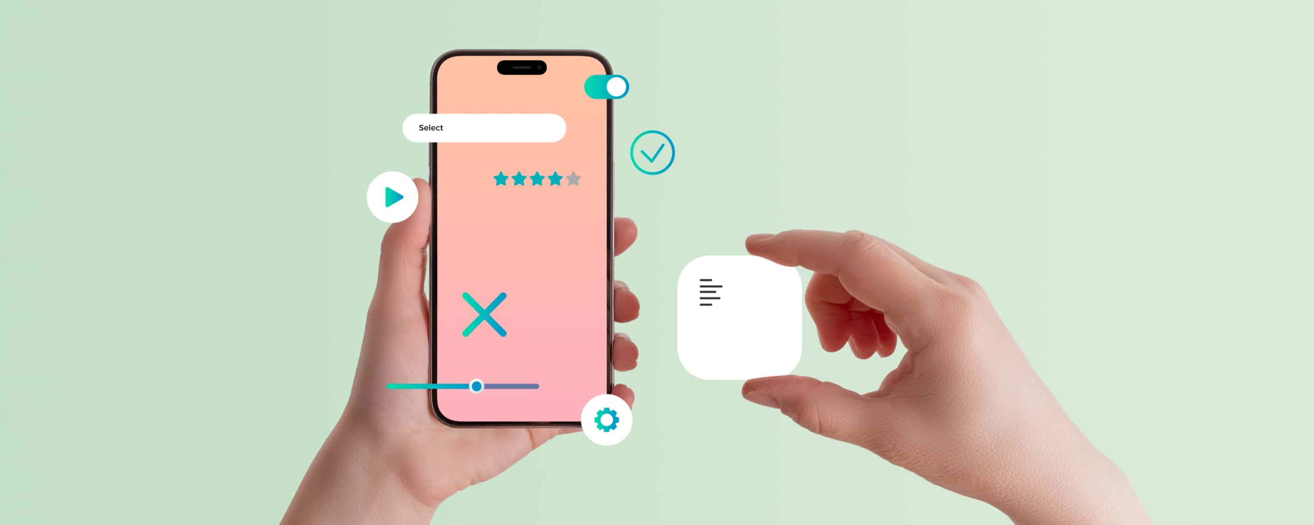 Hand houdt een smartphone vast terwijl een andere hand een betaalkaart tegen de telefoon houdt voor contactloos betalen.