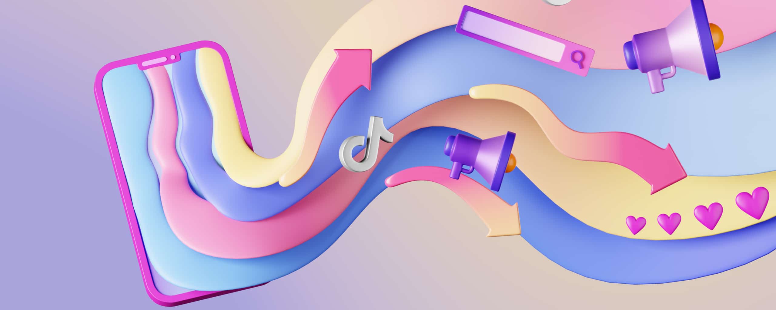 Kleurrijke 3D-illustratie van een smartphone met pijlen, hartjes en megafonen die online interactie en marketing symboliseren.