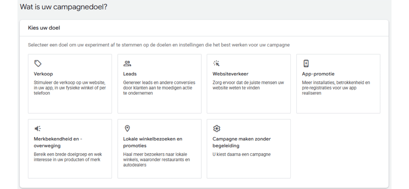 Scherm met de vraag ‘Wat is uw campagnedoel?’ en verschillende opties zoals verkoop, leads en websiteverkeer in een advertentieplatform.
