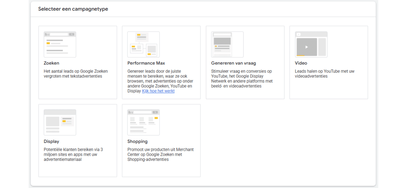 Scherm met de optie ‘Selecteer een campagnetype’ in Google Ads, met keuzes zoals Zoeken, Performance Max, Genereren van vraag, Video, Display en Shopping.