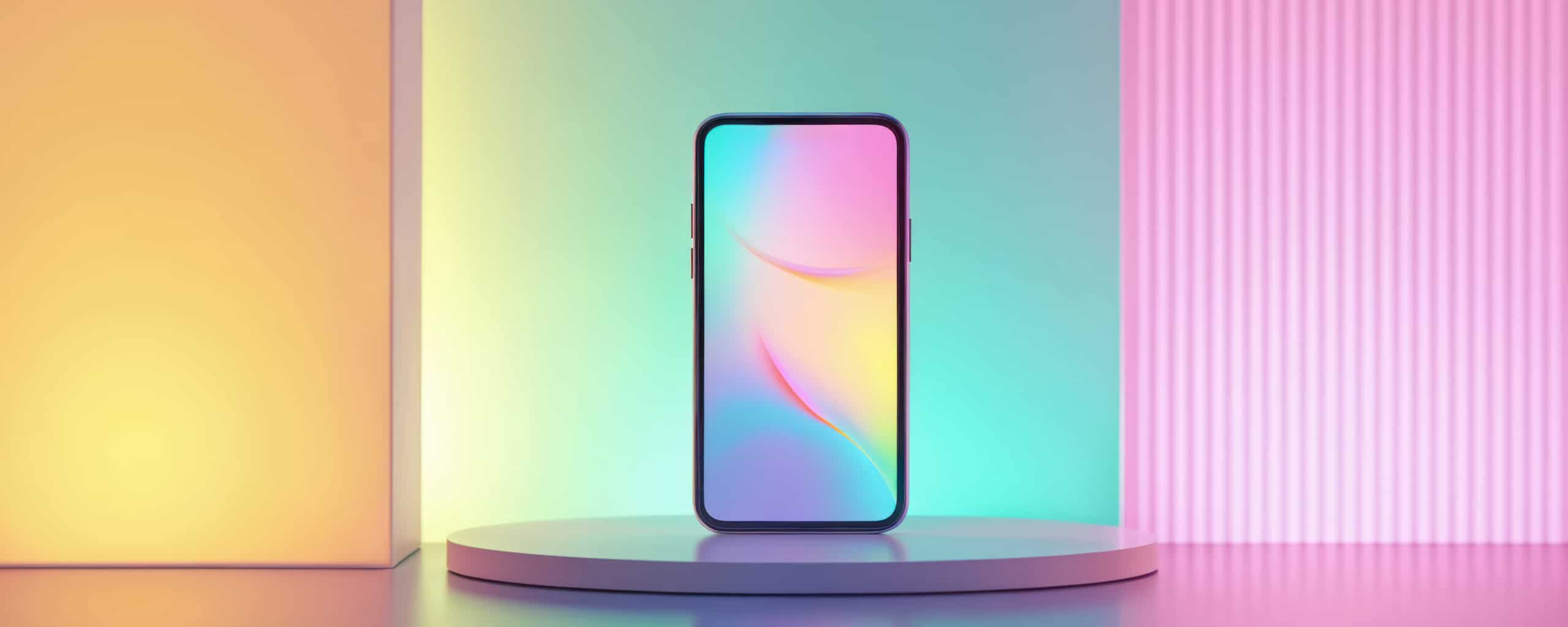 Smartphone met kleurrijk gradient-scherm staat op een ronde standaard tegen een pastelachtergrond.