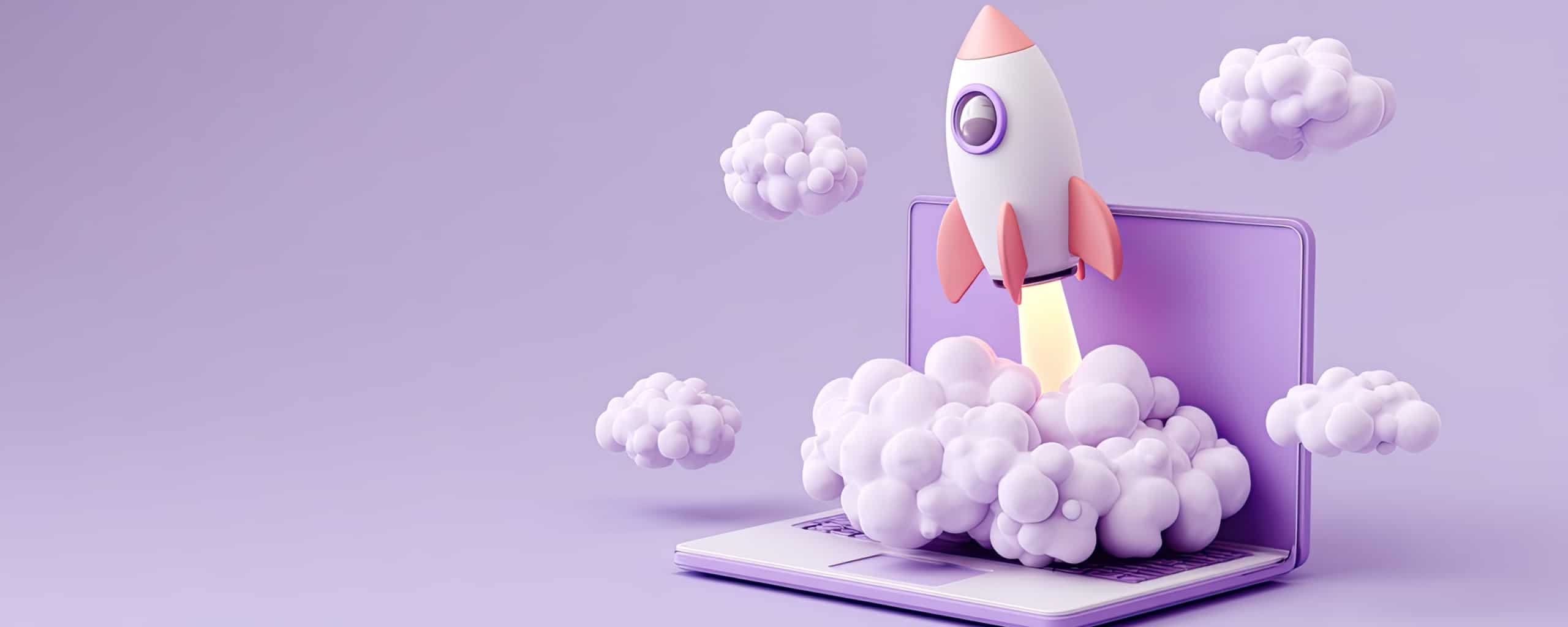 3D-illustratie van een raket die opstijgt vanaf een laptop tussen wolken, wat lancering en groei symboliseert.