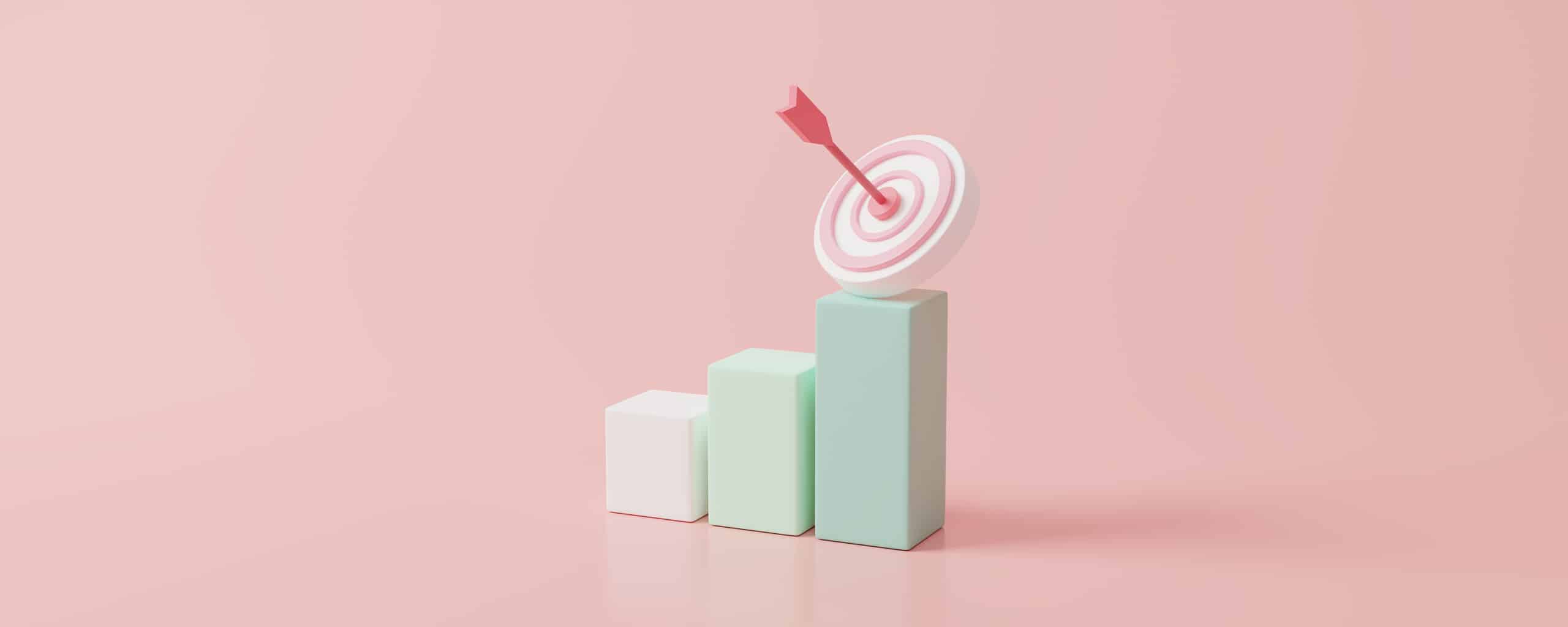 Minimalistische illustratie van een stijgende staafgrafiek met een pijl en doelwit dat groei en succes symboliseert.
