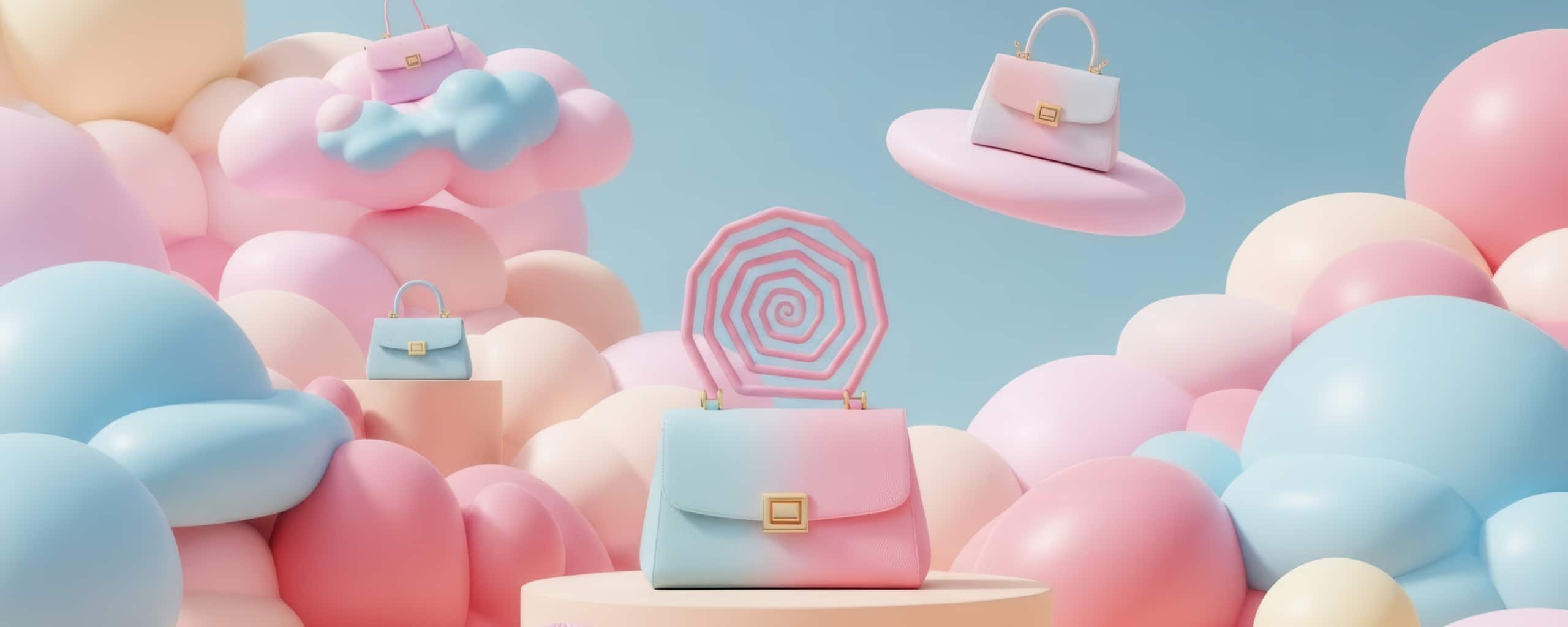 3D-illustratie van handtassen op sokkels tussen pastelgekleurde wolken, die online shoppen of mode symboliseren.