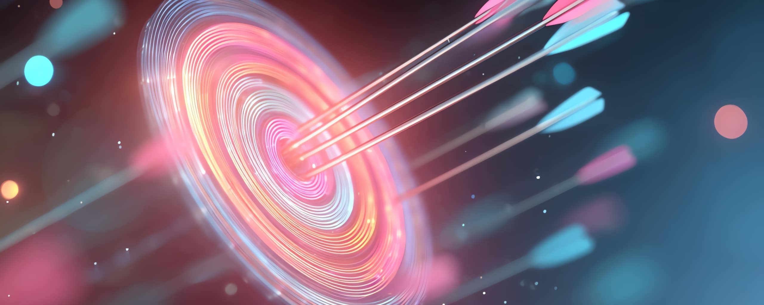 Abstracte illustratie van een doelwit met pijlen in neonkleuren die precisie en focus symboliseren.