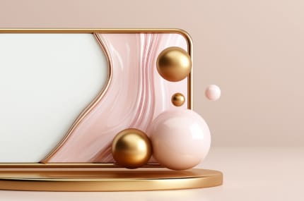 Abstract 3D-ontwerp met een goudkleurig frame en zachte beige en roze vormen op een neutrale achtergrond.