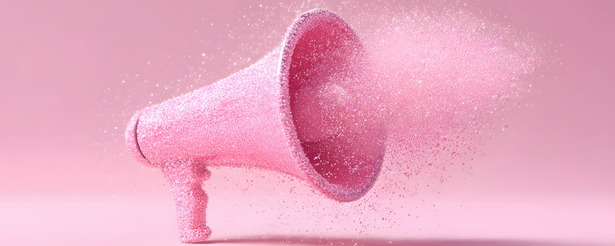 3D-illustratie van een roze megafoon opgebouwd uit kleine deeltjes tegen een roze achtergrond.
