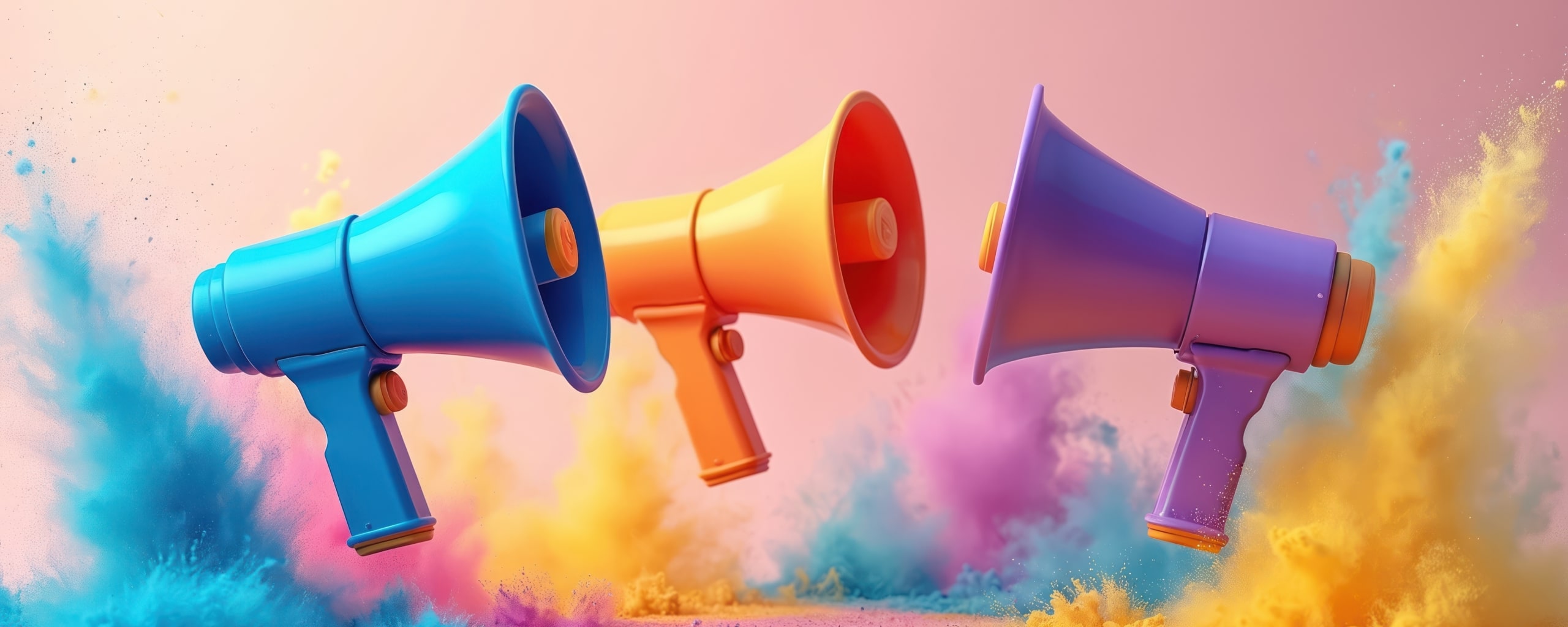 Drie kleurrijke megafoons tegen een achtergrond van gekleurde rook, die communicatie en marketing symboliseren.