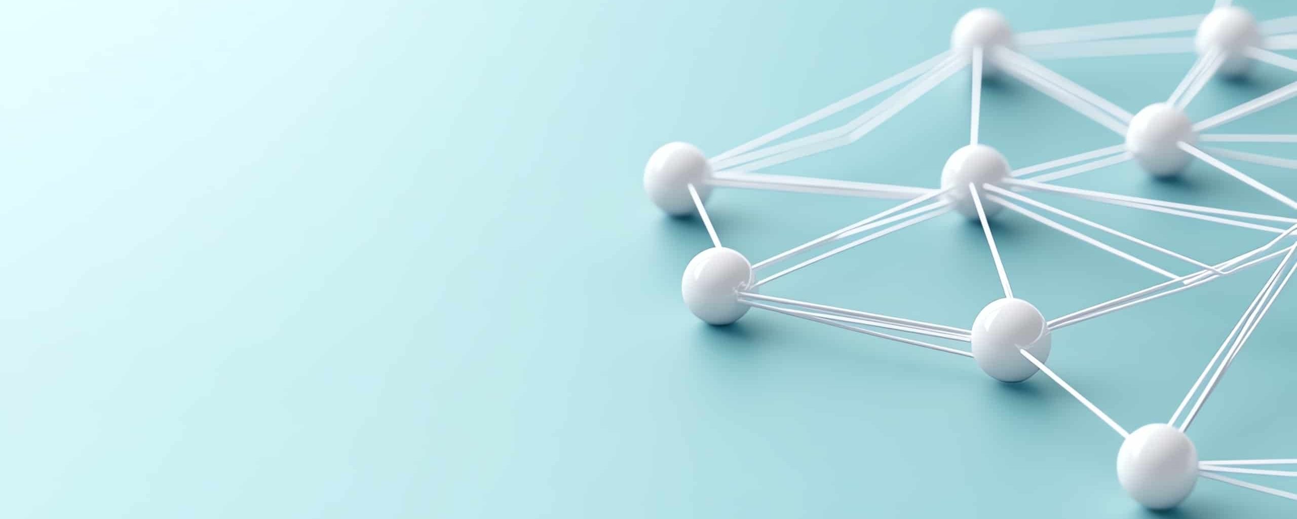Abstract netwerk van verbonden witte knooppunten op een lichtblauwe achtergrond, symbool voor data of linkstructuur.