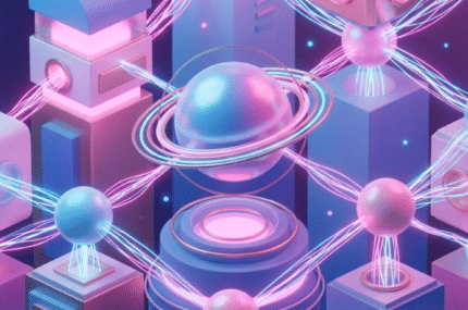 Digitale illustratie van abstracte blokken en bollen, verbonden door lichten en draden die samen een netwerk vormen, met een futuristisch en technologische uitstraling.