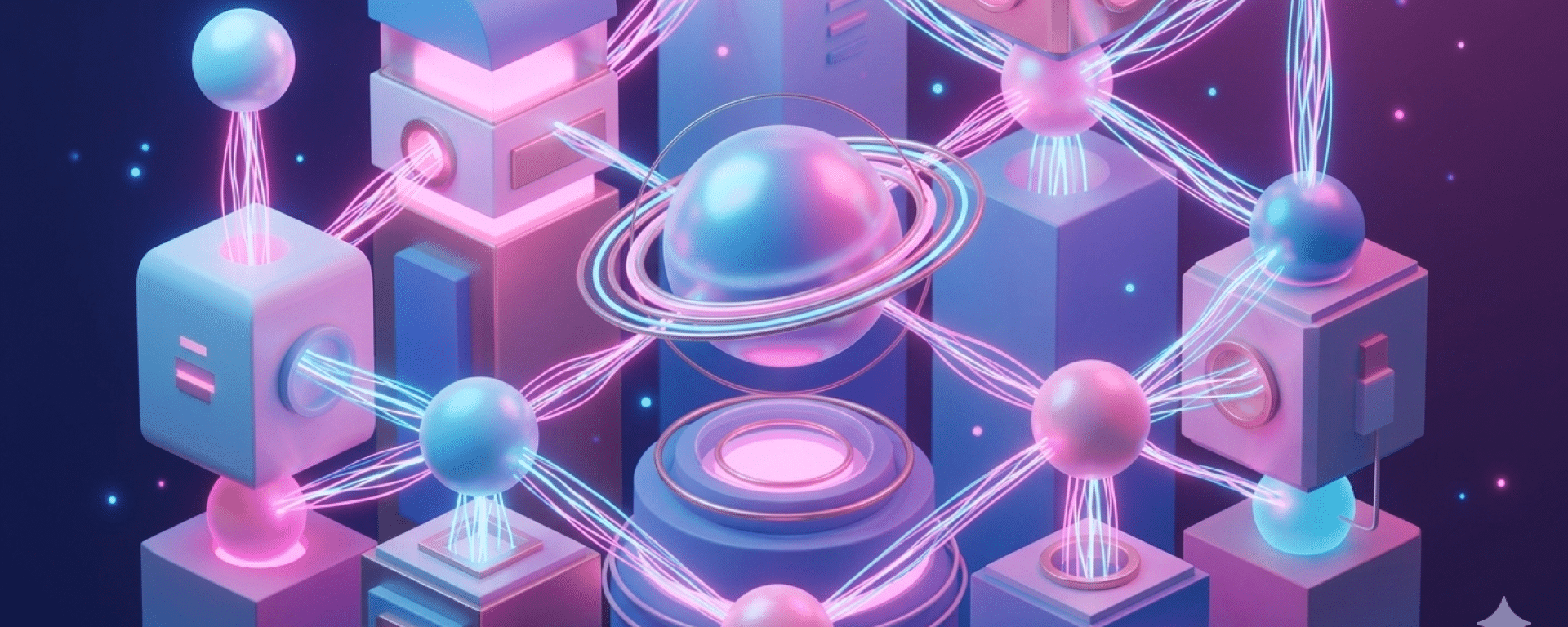 Digitale illustratie van abstracte blokken en bollen, verbonden door lichten en draden die samen een netwerk vormen, met een futuristisch en technologische uitstraling.