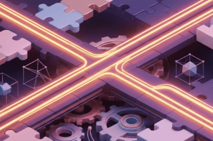 Digitale illustratie van een kruispunt van puzzelstukken, technologie en tandwielen, met heldere lichten die de verbindingen tussen de onderdelen benadrukken.