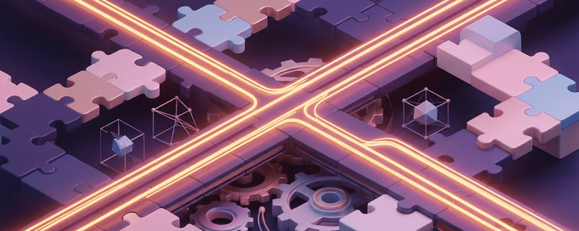 Digitale illustratie van een kruispunt van puzzelstukken, technologie en tandwielen, met heldere lichten die de verbindingen tussen de onderdelen benadrukken.
