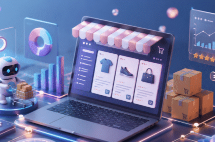 SEO voor webshops weergegeven in een 3D-illustratie met een online winkel, zoekoptimalisatie, linkbuilding, categorieën en prestatiegrafieken voor meer organisch verkeer en omzet.