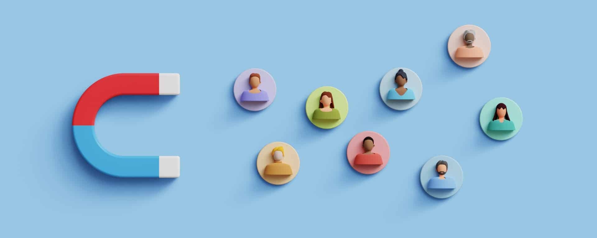 Een rode en blauwe hoefijzermagneet trekt acht kleurrijke, ronde pictogrammen met diverse personen aan tegen een lichtblauwe achtergrond.
